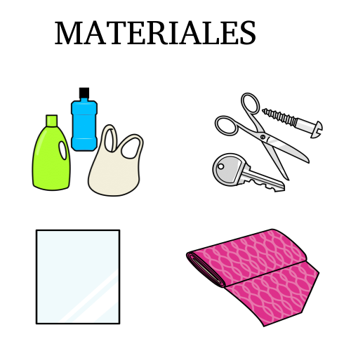 Arriba se lee la palabra materiales. Debajo hay un conjuntos de objetos de metal, unos cuantos objetos de plástico, un cristal y un rollo de tela.