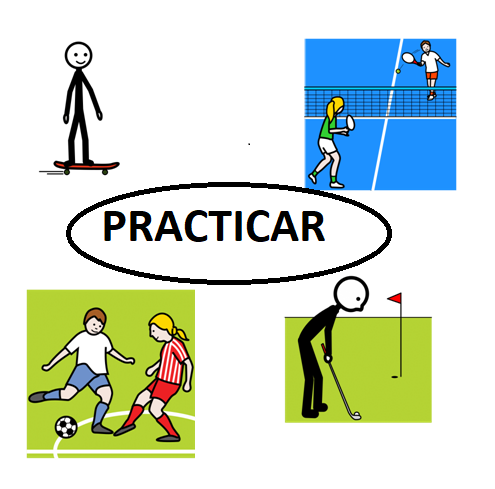 Una persona practicando golf, otras dos personas practicando fútbol, otras dos  practicando pádel y una practicando con un monopatín. En el centro se puede leer la palabra practicar.
