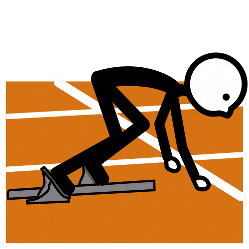 Una persona en la salida de una carrera con las manos en el suelo y una pierna adelantada.