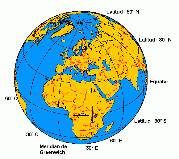 La imagen muestra el globo terráqueo, las latitudes y las longitudes.