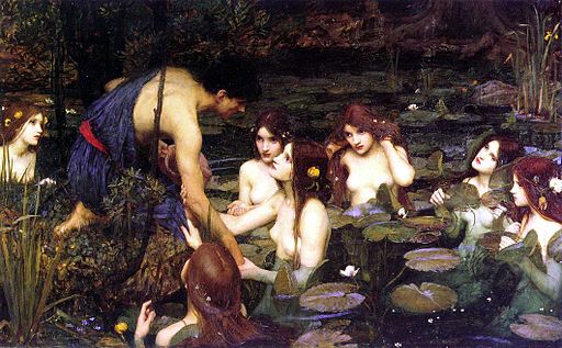Hilas se acerca a la corriente de un río atraído por varias ninfas