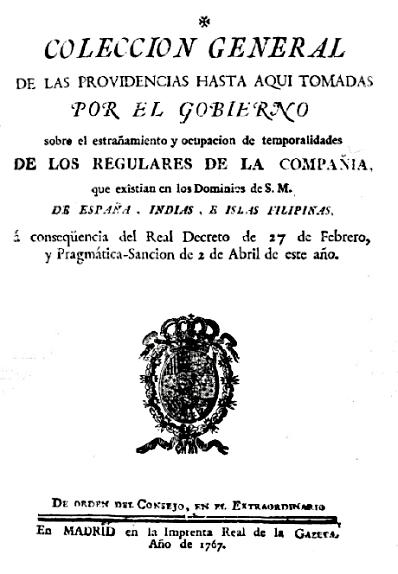 Portada de la Pragmática sanción por la que se expulsa a los jesuitas.