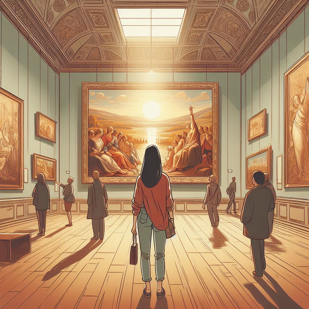 Mujer de espaldas contemplando un cuadro en un museo en estilo ilustración.