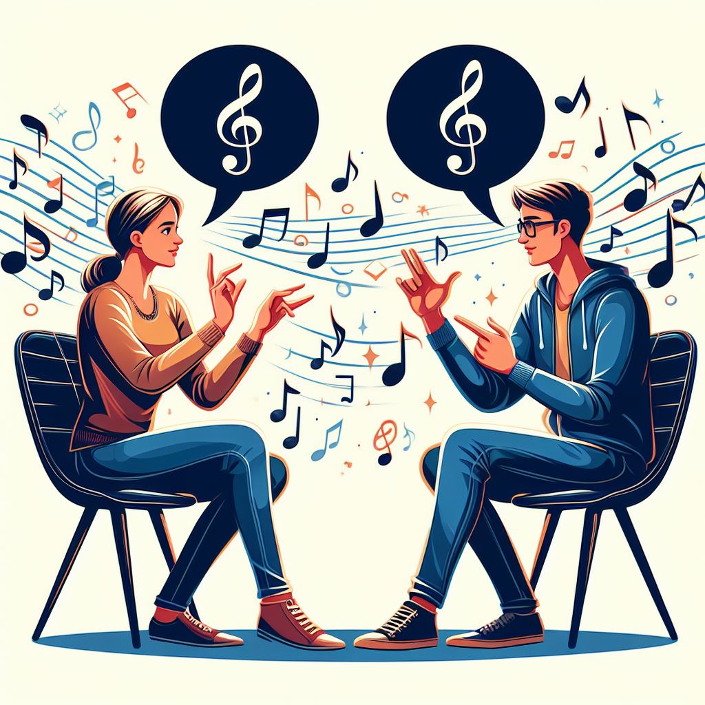 Hablando sobre música. Dos personas hablando sobre música en lenguaje de signos. De sus manos salen notas musicales en estilo ilustración.
