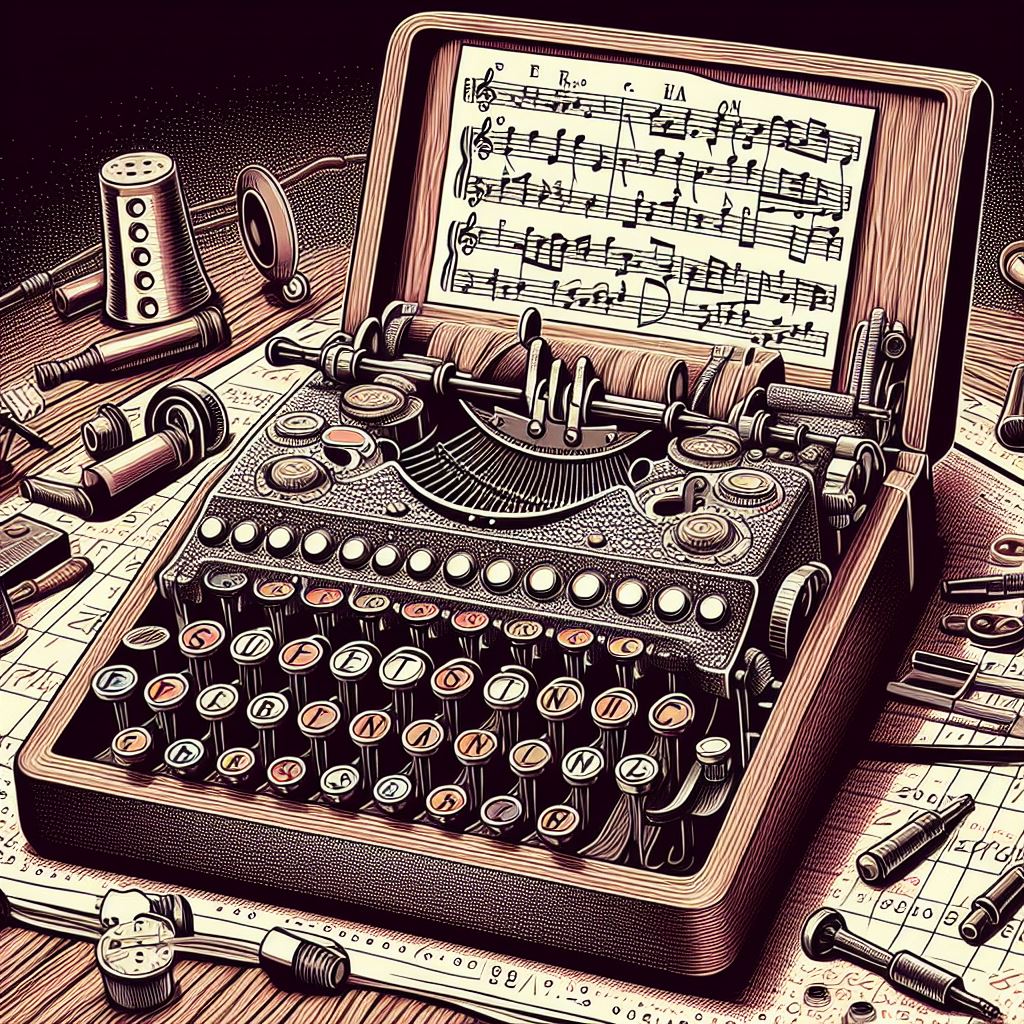 Máquina de códigos musicales. Máquina de escribir para descifrar códigos y melodías musicales en estilo ilustración.