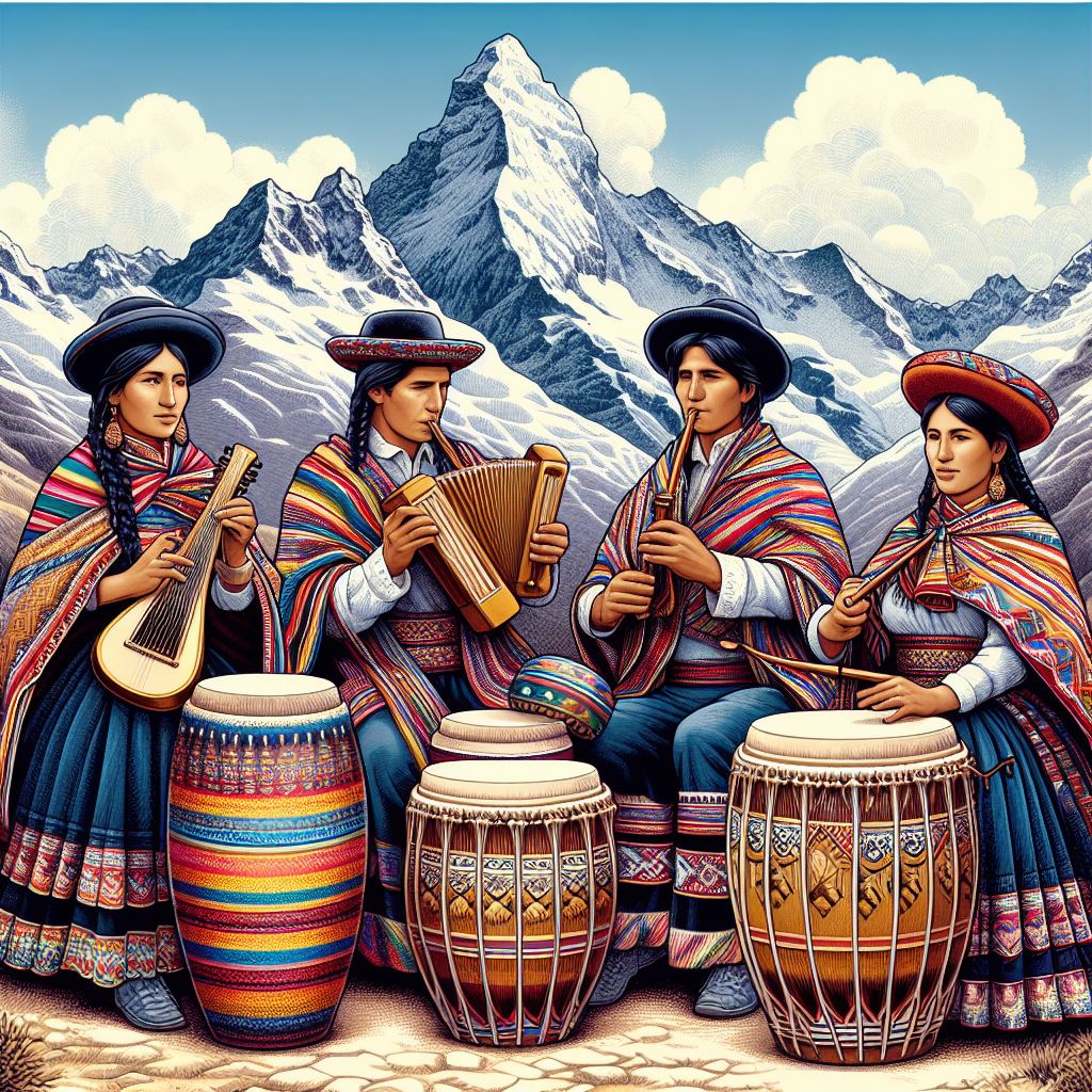 Ilustración de músicos con instrumentos típicos de la música andina. Al fondo de la ilustración se aprecian montañas nevadas.