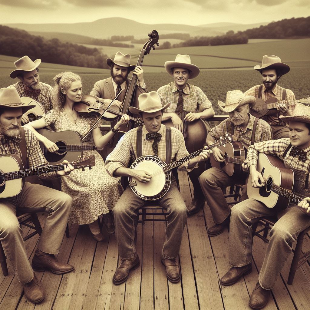 Imagen realista en sepia de una banda de Bluegrass formada por hombres con sombreros, con guitarras y banjos y una mujer al violín.
