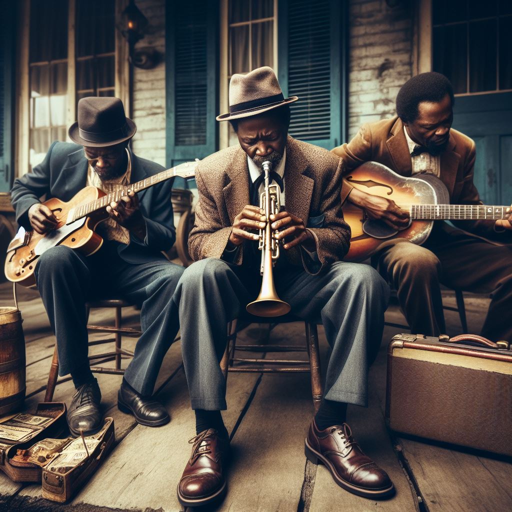Trío de músicos de Blues tocando sentados. En medio, un trompetista; y a cada lado, guitarristas.