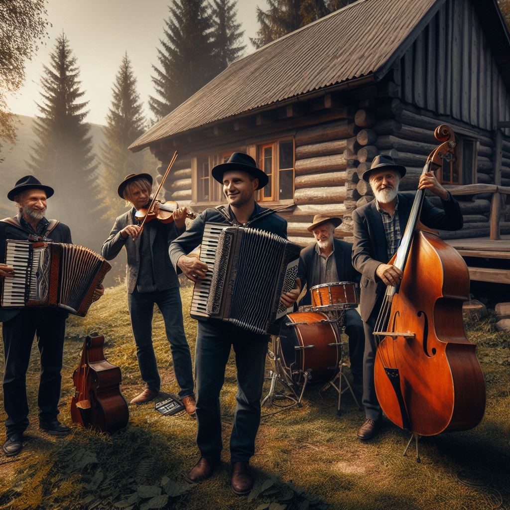 Músicos tocando en el campo diversos instrumentos como acordeón, batería, violín y contrabajo. Al fondo, una cabaña.
