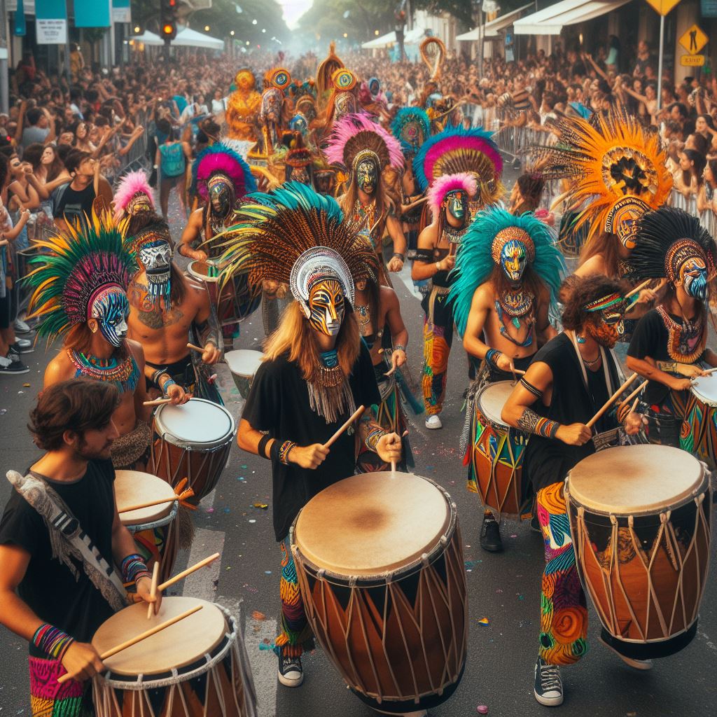 Músicos con tambores haciendo Candombe por la calle. Algunos de ellos llevan máscaras.
