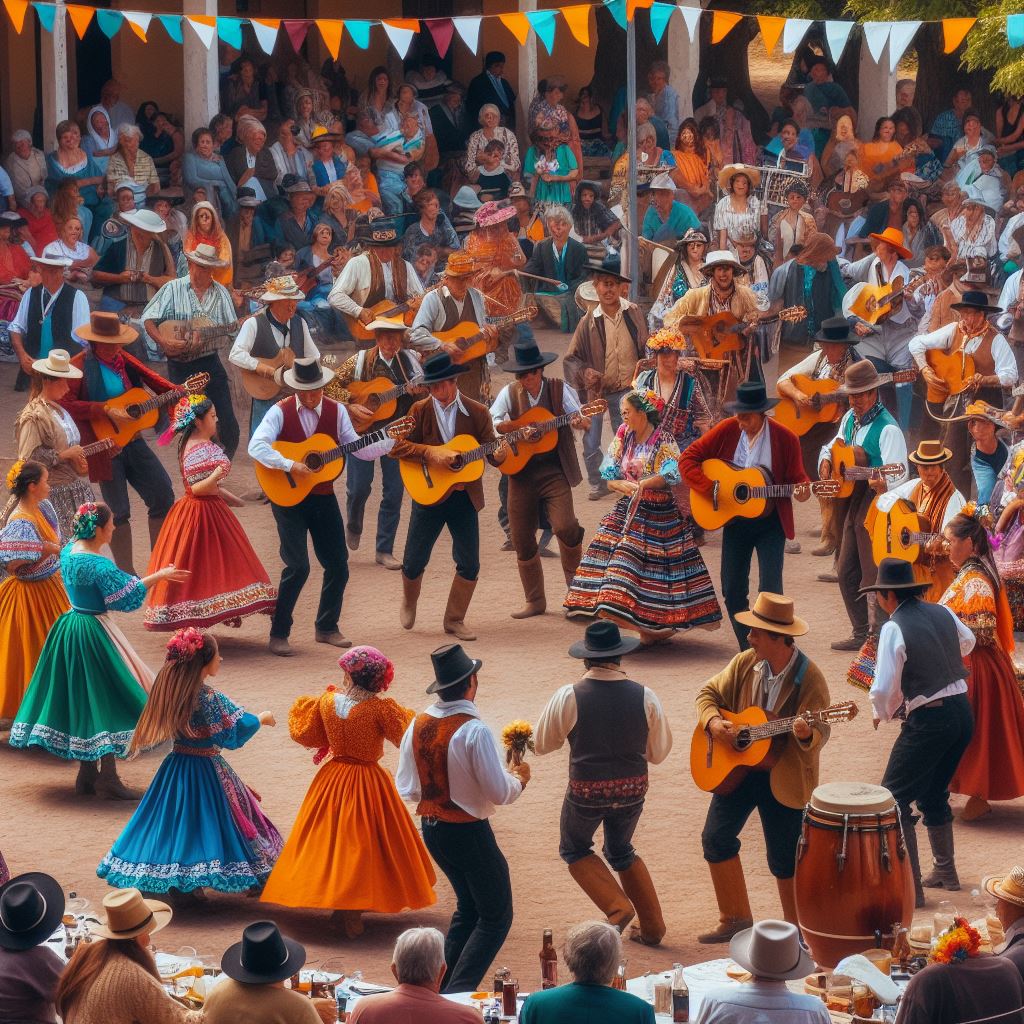 Músicos con guitarras y percusión mientras la gente baila en corro la chacarera argentina.