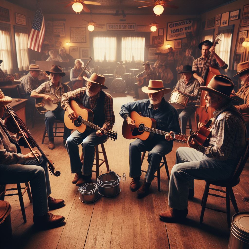 Banda de Country tocando en un pub con violines, guitarras, etc.