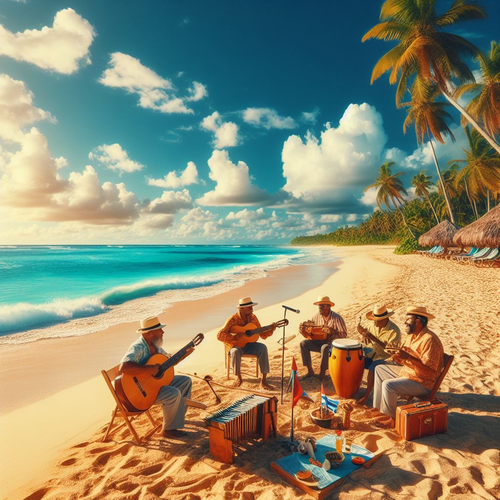 Músicos en reunión en una playa. Tienen guitarras, timbales y un pequeño picnic.