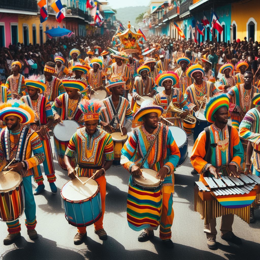 Gran banda de músicos con tambores, metalófonos, etc; en las calles coloridas de Haití