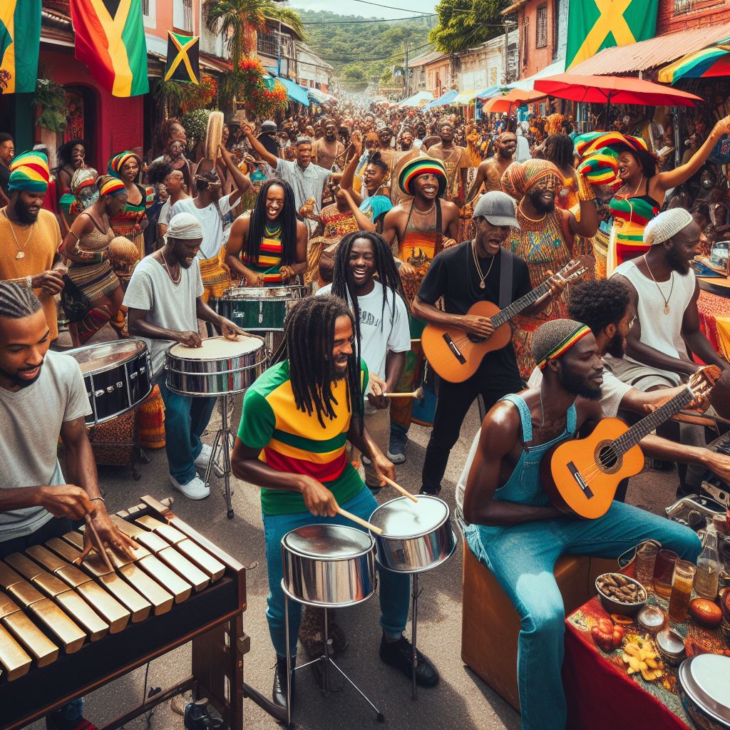 Banda de músicos de Reggae tocando instrumentos como tambores, metalofonos y guitarras en una calle repleta de gente.