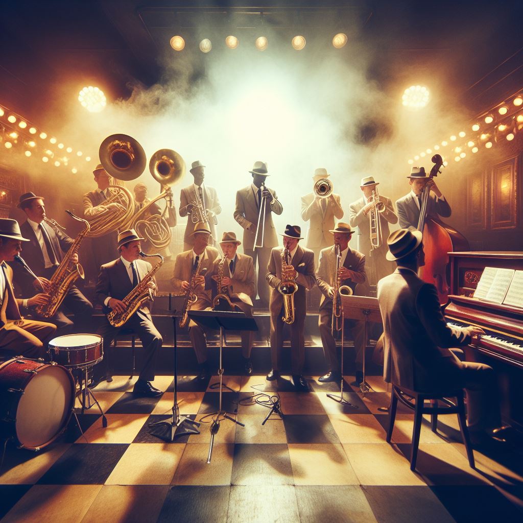 Banda de Jazz Swing tocando en un escenario de bar con focos y humo.