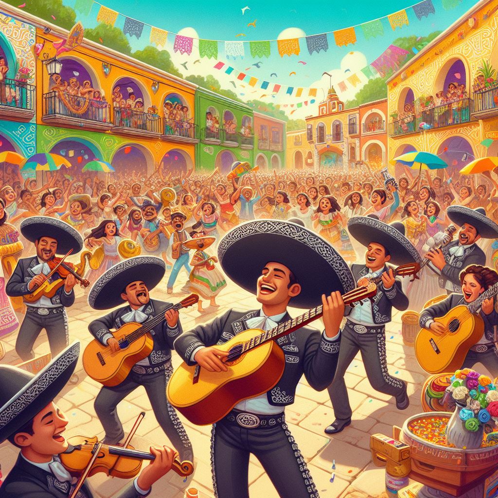 Banda Mariachi con guitarras y violines en una plaza de pueblo abarrotada de gente y banderas entrecruzando los edificios.