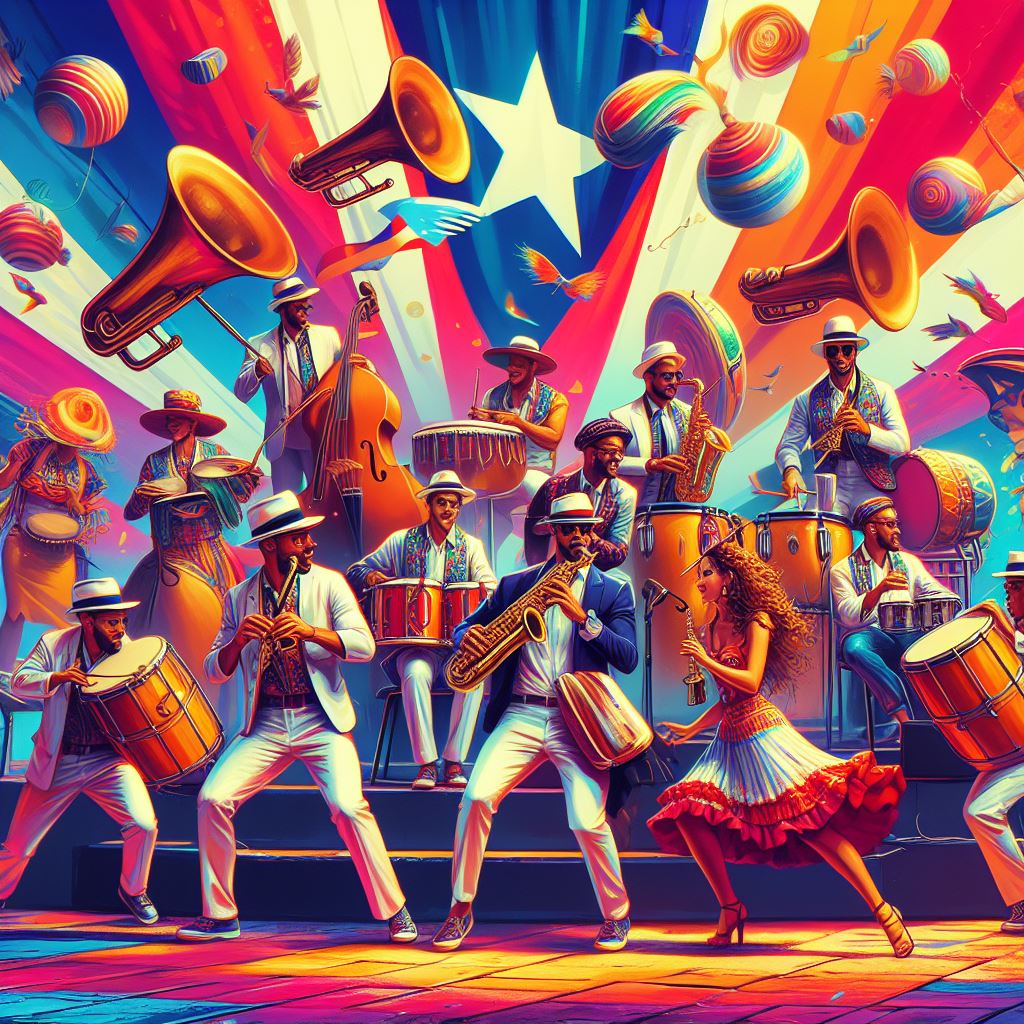 Ilustración de una orquesta tocando en un escenario con percusión, contrabajo, saxofones junto a una bailarina.