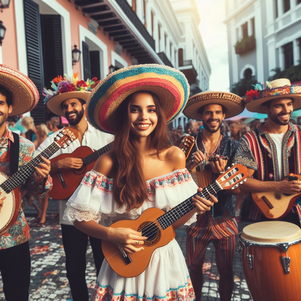 Músicos de Puerto Rico haciendo música en la calle con instrumentos y ropa típica de la zona.