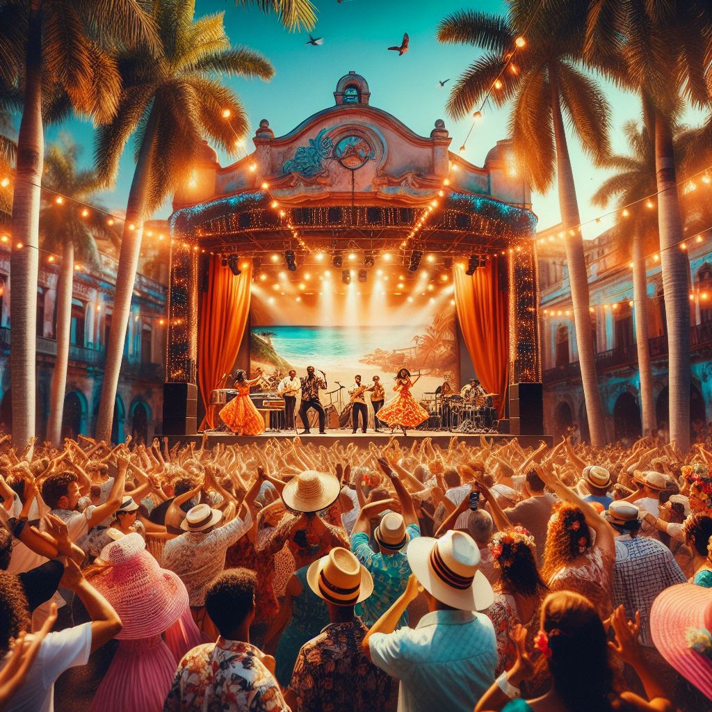 Ambiente de concierto con mucha gente. Al final de la imagen se divisa un escenario con un orquesta tocando.