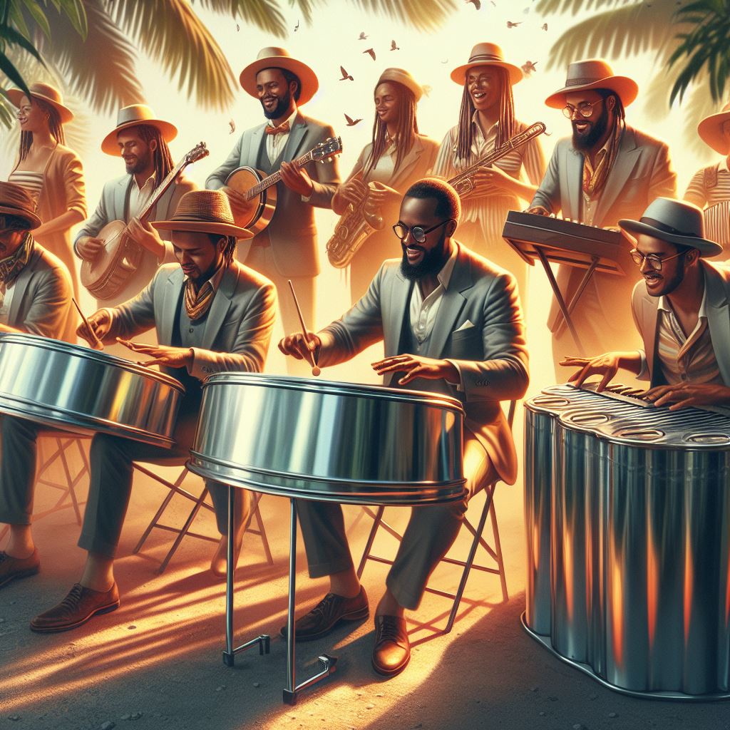 Banda de Calypso tocando entre palmeras la percusión, guitarras, banjo y saxofón.