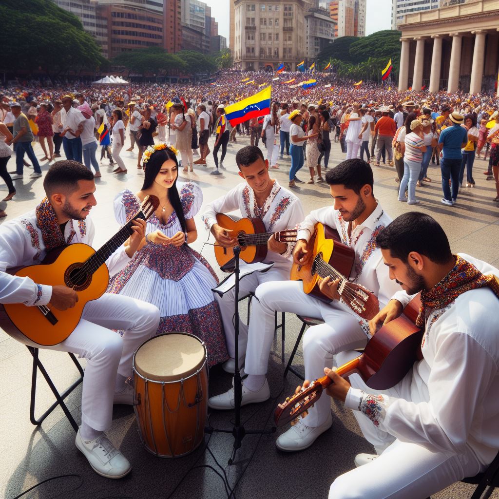 Músicos en corro haciendo Joropo venezolano en una gran plaza de la ciudad con mucha gente al fondo.