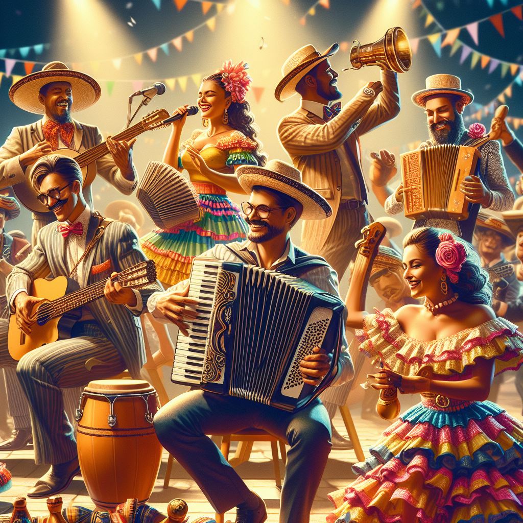 Músicos en un escenario con guitarras, percusión, acordeón y una cantante haciendo música.