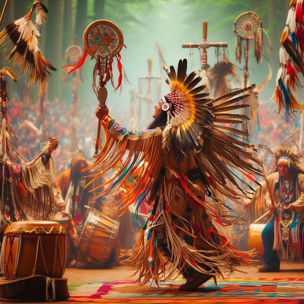 Danza de nativo americano con músicos acompañándole con diversos instrumentos y gente al fondo.