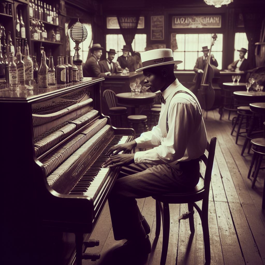 Músico sentado al piano en un antiguo bar. Al fondo de la imagen otro músico acompañando al contrabajo.