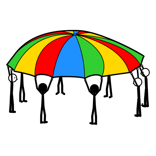 La imagen muestra varias personas agarrando un paracaídas.
