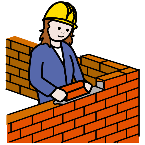 Una mujer construyendo un muro con ladrillos.
