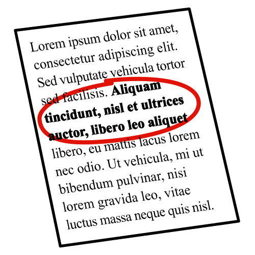 Pictograma de un texto escrito en el que se destaca un fragmento en letra negrito dentro de un óvalo rojo