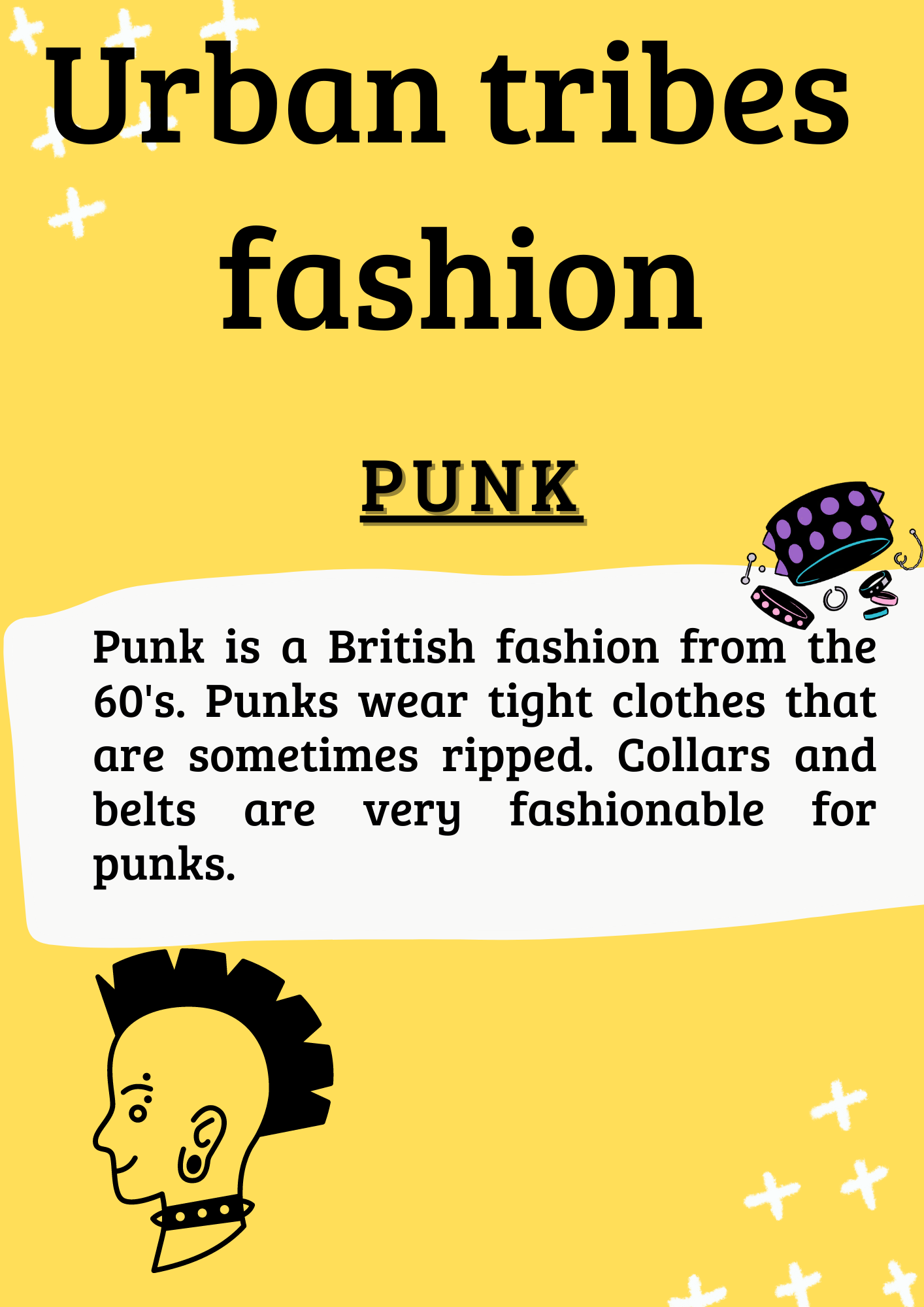 La imagen tiene fondo amarillo y letra en negro. El título de la imagen es Urban tribes fashion y debajo el subtítulo “punk”. Aparece una breve descripción en el centro. En la parte superior derecha de la descripción está la imagen de una pulsera con pinchos y en la parte inferior izquierda de la descripción está la imagen de perfil de una cabeza con corte de pelo estilo punk, un collar y piercings.