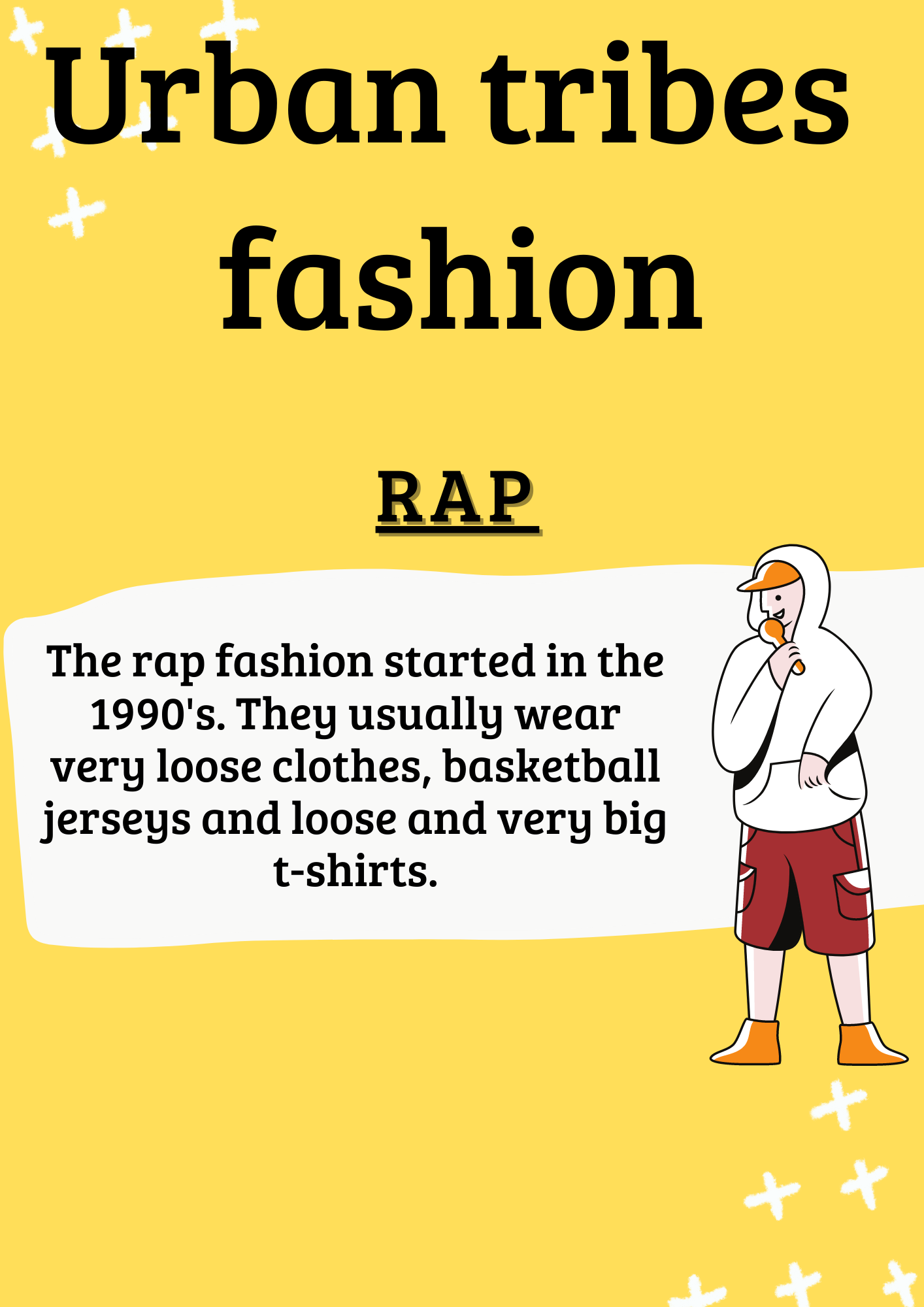 La imagen tiene fondo amarillo y letra en negro. El título de la imagen es Urban tribes fashion y debajo el subtítulo “rap”. Aparece una breve descripción a la izquierda y a la derecha  la imagen de un chico con moda rapera.