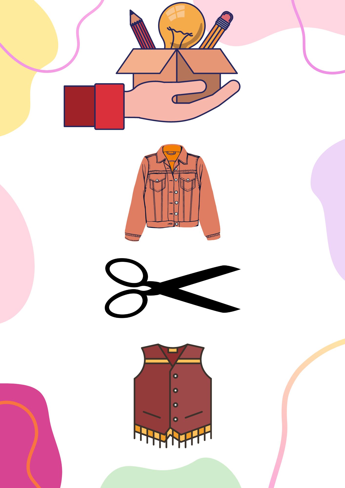 La imagen tiene fondo blanco y varios colores en los bordes, muestra una mano sosteniendo una bombilla y una caja con herramientas. Debajo hay una chaqueta, debajo unas tijeras y debajo un chaleco.