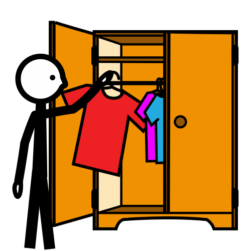 La imagen muestra un muñeco cogiendo ropa de un armario