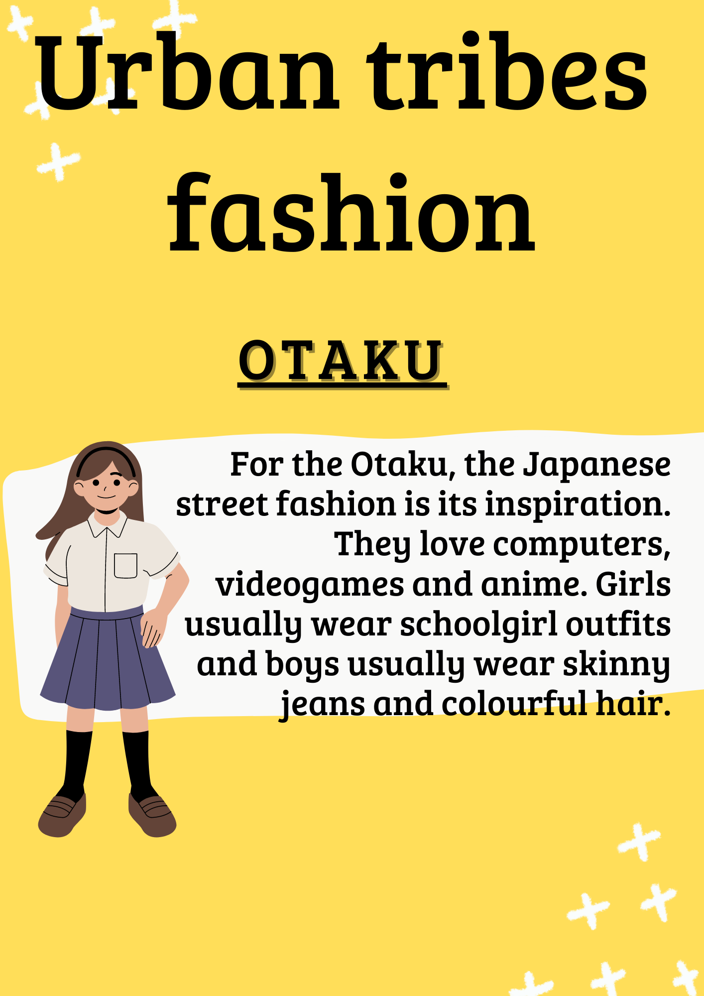 La imagen tiene fondo amarillo y letra en negro. El título de la imagen es Urban tribes fashion y debajo el subtítulo “otaku”. Aparece una breve descripción a la derecha y a la izquierda la imagen de una chica con uniforme escolar.