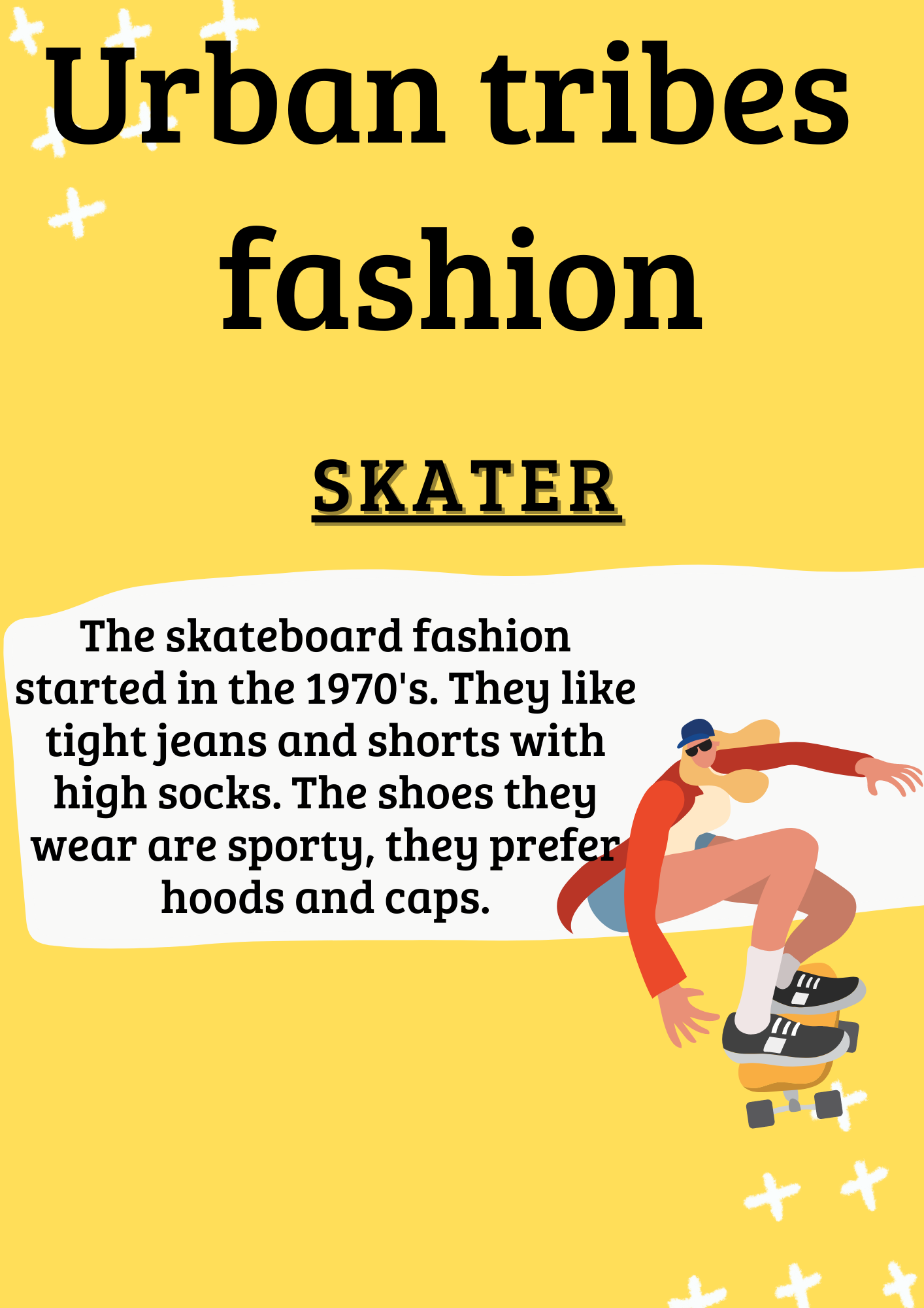 La imagen tiene fondo amarillo y letra en negro. El título de la imagen es Urban tribes fashion y debajo el subtítulo “skater”. Aparece una breve descripción a la izquierda y a la derecha la imagen de una chica con un patinete.