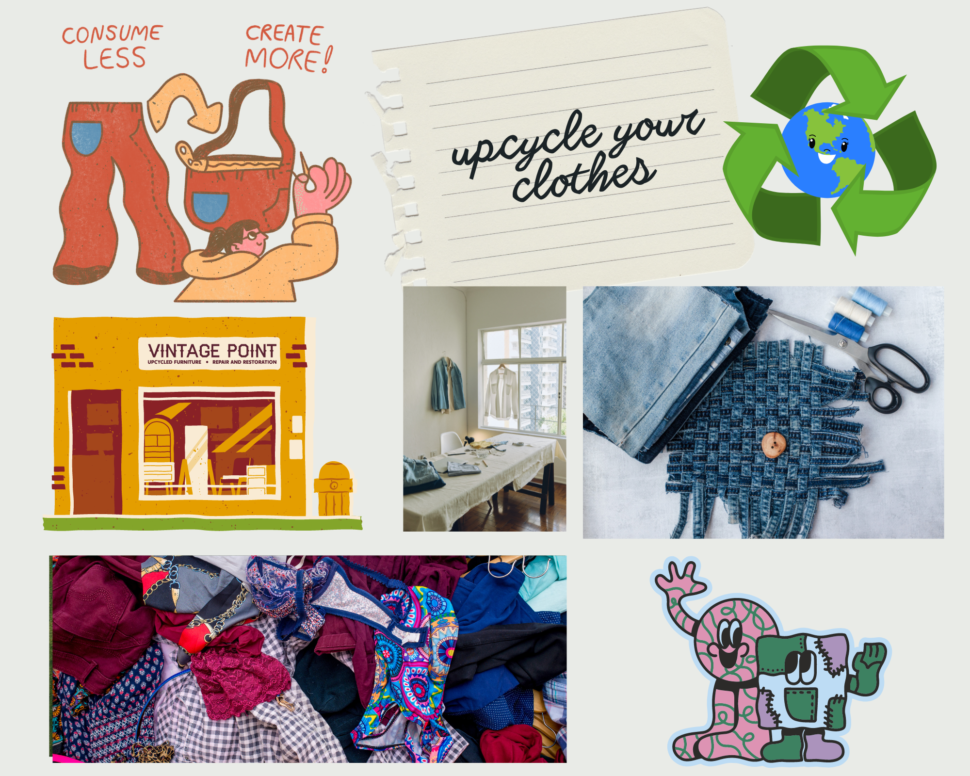 La imagen muestra un collage de fotos con varias formas de reciclar o dar una segunda vida a nuestras prendas de ropa.