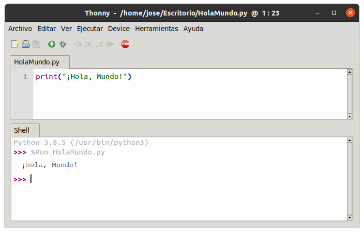 ¡Hola, Mundo! en el lenguaje de programación Python, que consiste en escribir: print (“¡Hola, Mundo!)”