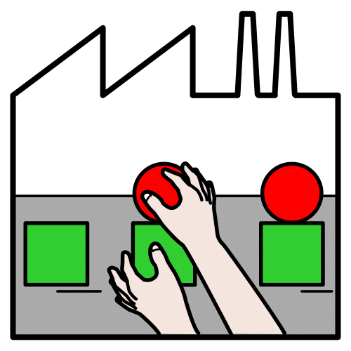 Unas manos fabrican formas con cuadrados verdes y círculos rojos.
