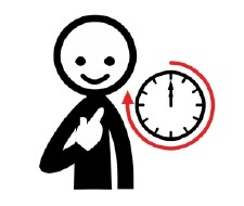 Silueta de persona señalándose a sí mismo . Reloj con flecha roja alrededor.