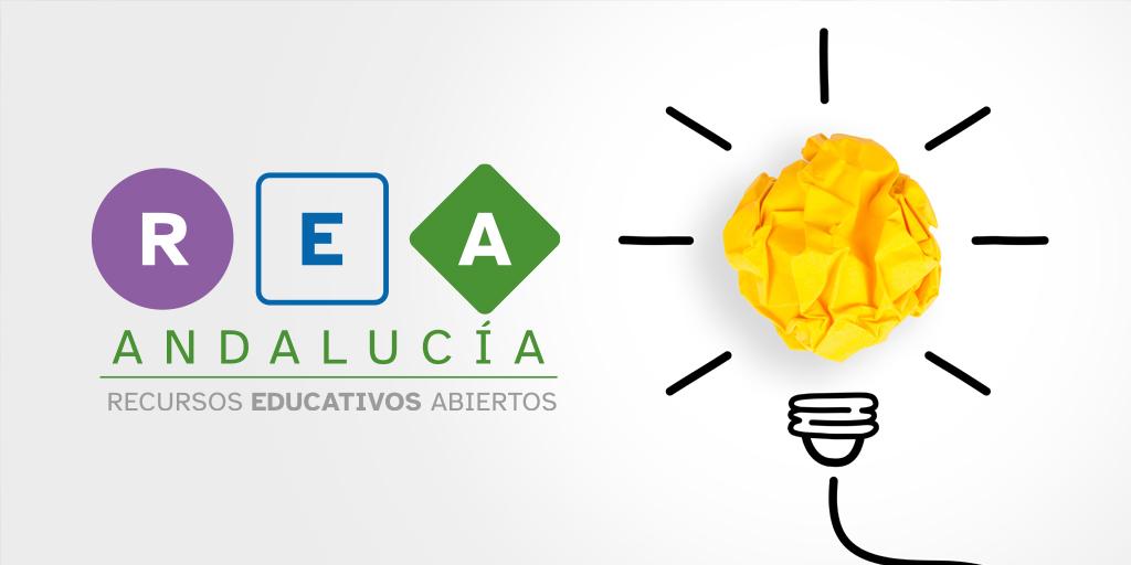 Imagen del Proyecto REA Andalucía. Una bombilla en la que la ampolla es un papel amarillo arrugado . Aparece REA Andalucía y recursos educativos abiertos escrito
