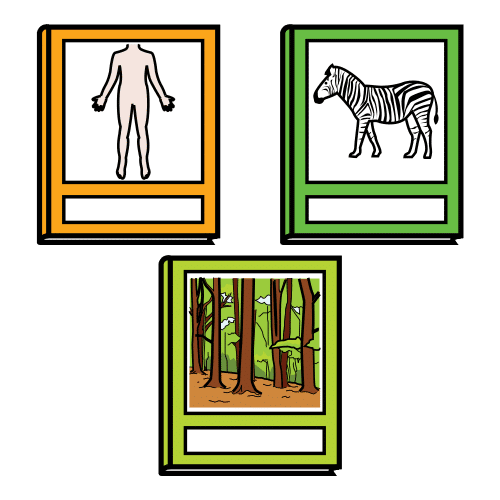En la imagen aparecen libros de animales, de personas y de un bosque.