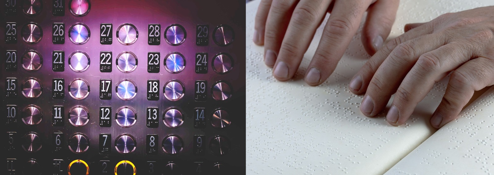 Composición de dos imágenes, a la izquierda los botones de un ascensor con los números en Braille hasta el 31 y a la derecha unas manos leyendo un libro en Braille.