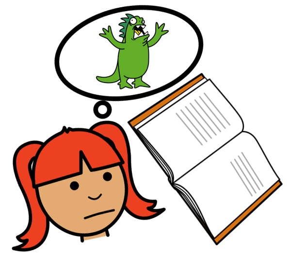 Una niña pensando en un monstruo y un libro