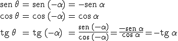 \begin{array}{lclcl} \begin{verbatim}sen\end{verbatim} \, 	heta & = & \begin{verbatim}sen\end{verbatim} \, (-\alpha) & = & -\begin{verbatim}sen\end{verbatim} \, \alpha  \\ \\  \cos \, 	heta & = &  \cos \, (-\alpha) & = & \cos \, \alpha  \\ \\  \begin{verbatim}tg\end{verbatim} \, 	heta & = & \begin{verbatim}tg\end{verbatim} \, (-\alpha) & = & \frac{\begin{verbatim}sen\end{verbatim} \, (-\alpha)}{\cos \, (-\alpha)} = \frac{-\begin{verbatim}sen\end{verbatim} \, \alpha}{\cos \, \alpha} = -\begin{verbatim}tg\end{verbatim} \, \alpha \end{array}