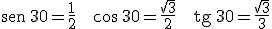 \begin{verbatim}sen\end{verbatim} \, 30= \frac{1}{2} \ \ \ \cos \, 30= \frac{\sqrt{3}}{2} \ \ \ \begin{verbatim}tg\end{verbatim} \, 30= \frac{\sqrt{3}}{3}
