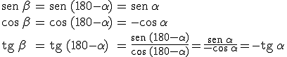 \begin{array}{lclcl} \begin{verbatim}sen\end{verbatim} \, \beta & = & \begin{verbatim}sen\end{verbatim} \, (180-\alpha) & = & \begin{verbatim}sen\end{verbatim} \, \alpha \\   \\ \cos \, \beta & = &  \cos \, (180-\alpha) & = & - \cos \, \alpha \\ \\ \begin{verbatim}tg\end{verbatim} \, \beta & = & \begin{verbatim}tg\end{verbatim} \, (180-\alpha) & =  & \frac{\begin{verbatim}sen\end{verbatim} \, (180-\alpha)}{\cos \, (180-\alpha)} = \frac{\begin{verbatim}sen\end{verbatim} \, \alpha}{-\cos \, \alpha} = -\begin{verbatim}tg\end{verbatim} \, \alpha \end{array}