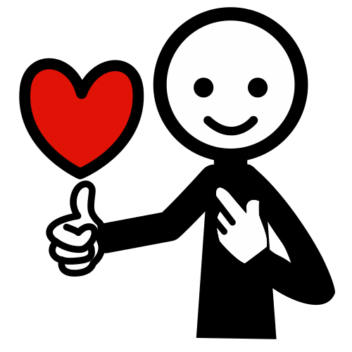 La imagen muestra una persona con un pulgar hacia arriba y un gran corazón rojo.